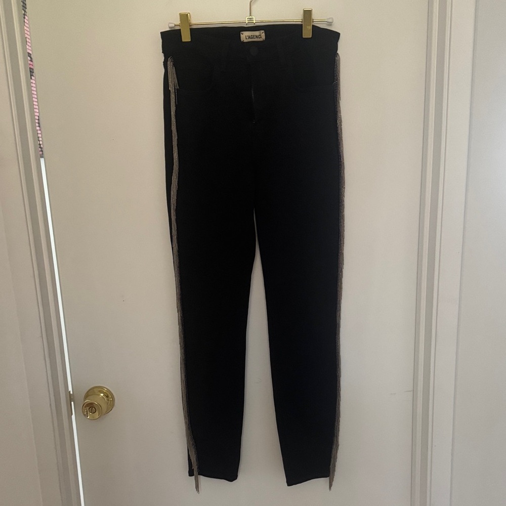L'AGENCE Black Skinny Jeans with Silver Side Fringe